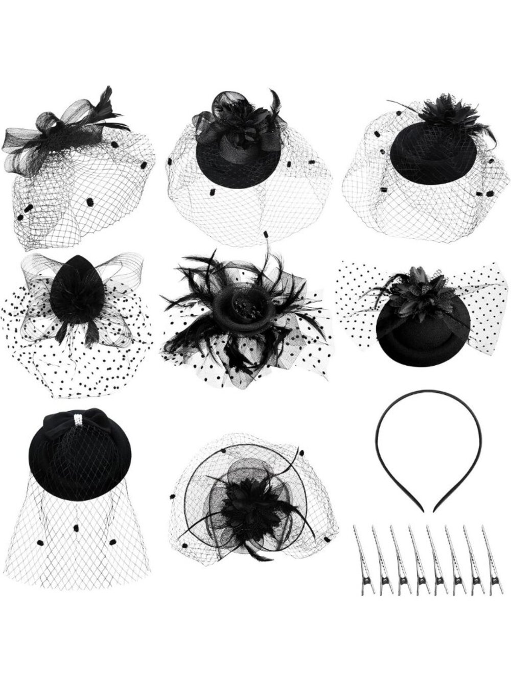 Elegant 8-Pc Fascinator Set - Pillbox Hats with Veil & Feather for Tea Parties
